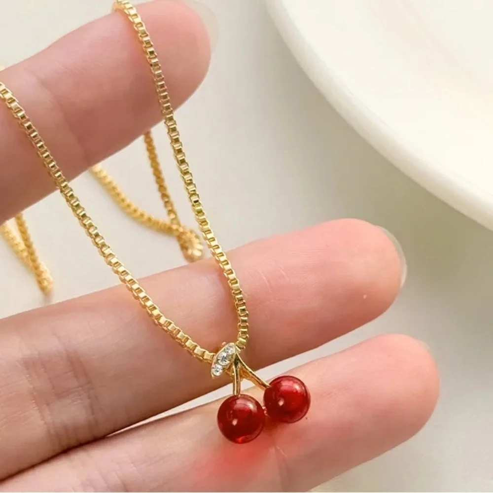Elegant Gold Color & Cherry Pendant Necklace - NWOT